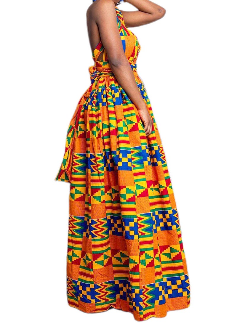 Vimoisa Women Sexy Boho African Long Maxi Dress V-Neck Multi-Way Pleated Floral Print Dresses - Image 3